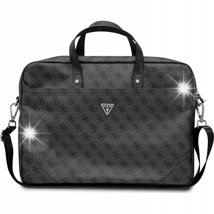 Geanta laptop Guess Saffiano 4G Triangle Logo, neagra, pentru laptopuri de pana la 16'', 31x42x4cm, cu 2 buzunare exterioare