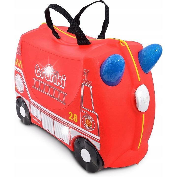 Valiza pe roti pentru copii Trunki, pentru calatorii si vacante, model masina de pompieri, 18 litri, rosie, 46x21x31cm