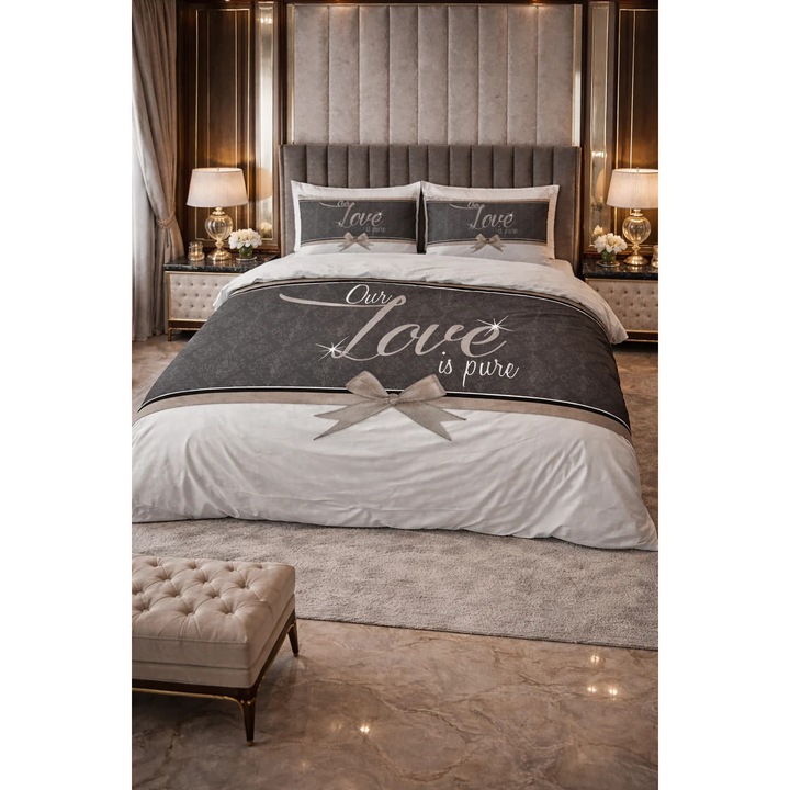 Lenjerie de pat Sleeptime, 1x husa pilota 140x200/220, 1x fete de perna 60x70, Microfibra 100%, Hipoalergenica, 90 GSM, model Pure Love White, imprimeu Digital, culoare Gri