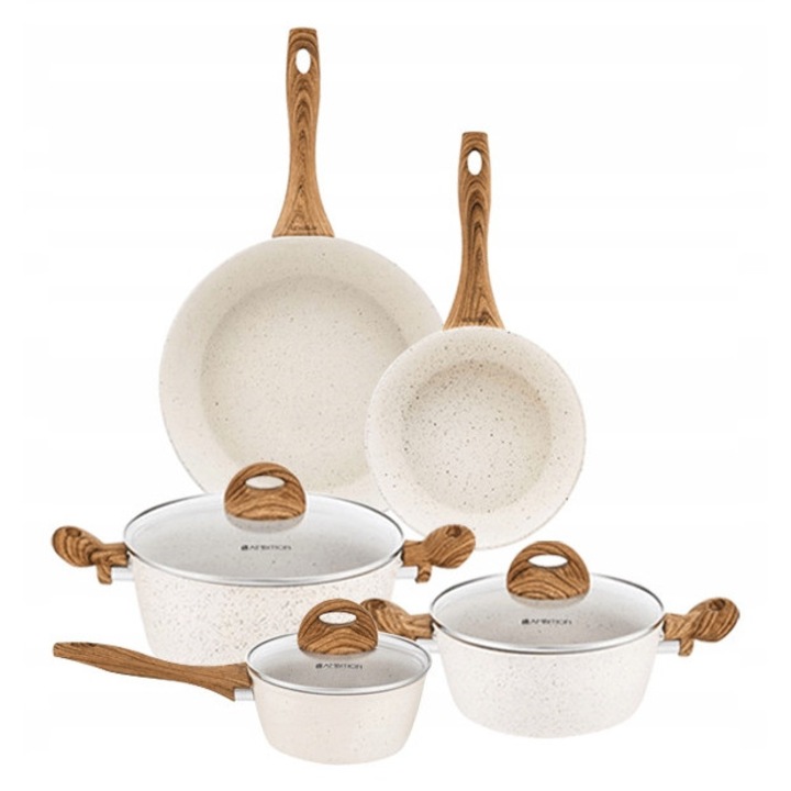 Set 8 Piese Vase Bucătărie Ambition Nature, Aluminiu, Antiaderent, Crem, 16x20x24x28cm