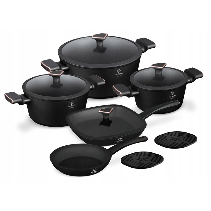 Комплект съдове за готвене от 11 части, Berlinger Haus, матово черен-розово злато, неръждаема стомана