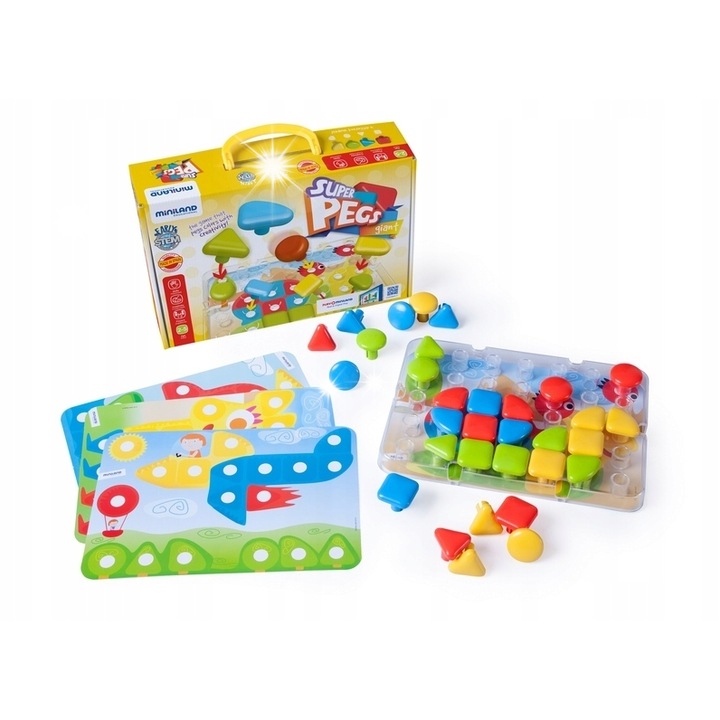Tablita educationala Miniland Puzzle Superpegs, 32 elemente, multicolor, 34x9x23cm