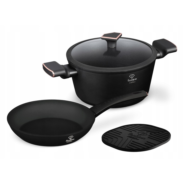 Set 2 Piese Bucatarie Berlinger Haus Matte Black-Rose Gold, tigaie si oala cu capac, strat antiaderent titanPro, manere soft touch