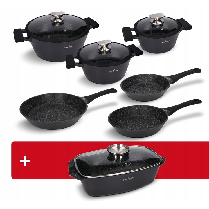 Комплект от 9 части съдове за готвене Zwieger Black Stone, Алуминий, Незалепващо покритие, Съвместими с индукция, Многоцветни