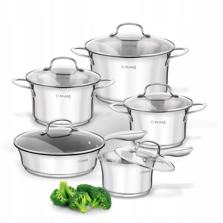 Set de 10 vase Starke Pro Sintesi, inox, tigaie antiaderentă GREBLON C3+, fund gros 5 straturi