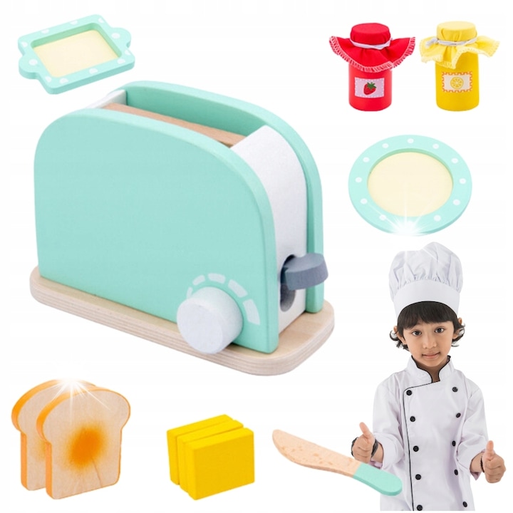 Toster din lemn cu accesorii, MINEXO, set pentru copii, 14x10x7cm, 2x toast, 3x felii de branza