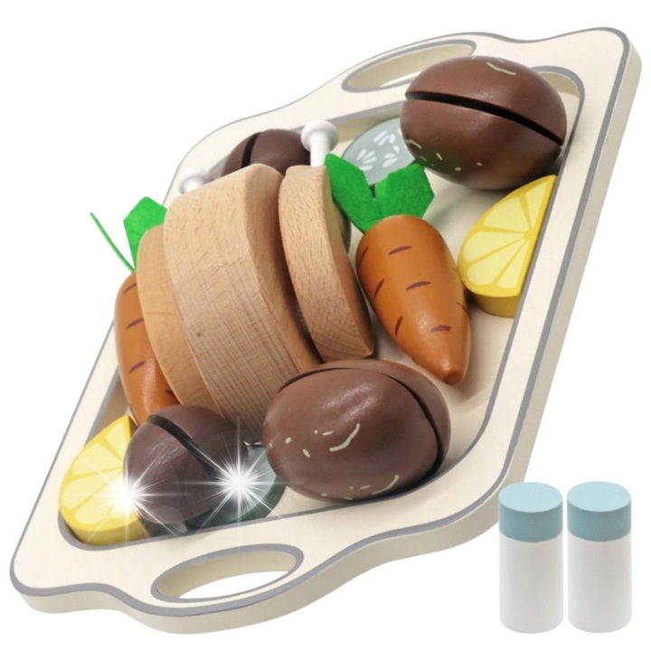 Set de gatit pentru copii, MINEXO, cu masa de taiat, sare si piper, 22x15x10cm, din lemn