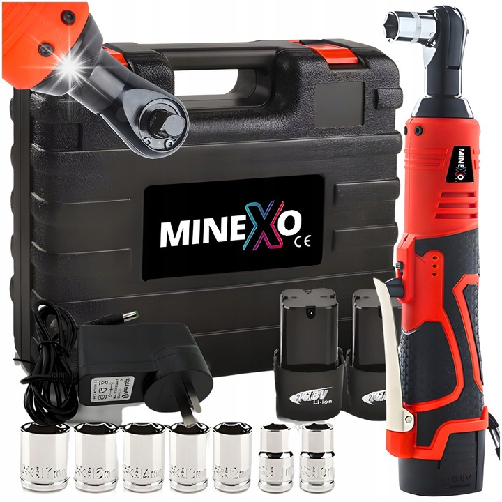 Cheie de impact actionata de acumulator MINEXO 16,8V, 70Nm, 2x baterii, 7 accesorii 3/8"