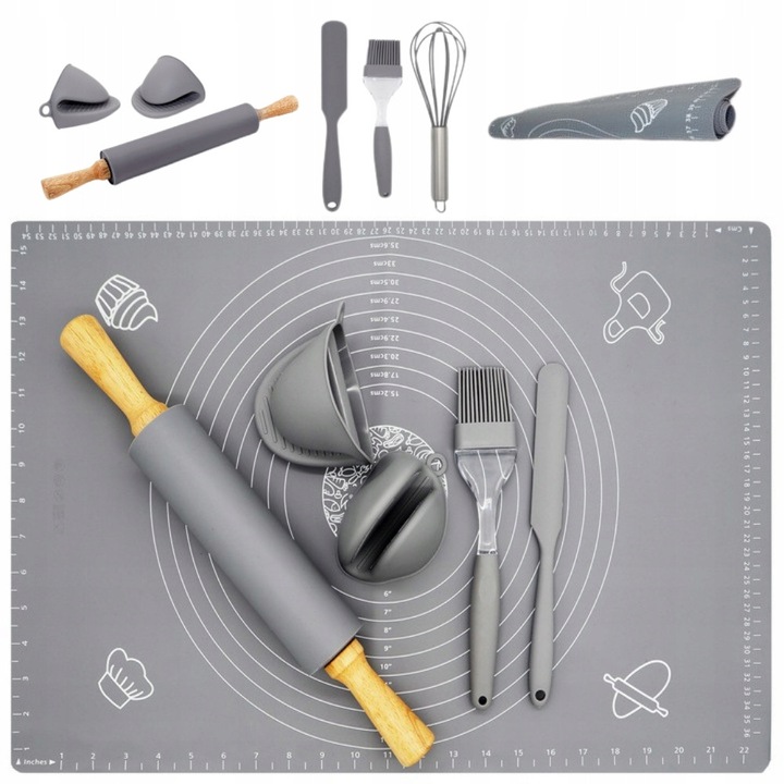 Комплект 7 в 1 силиконови кухненски прибори, Edel HOFF, работна подложка 60x40см, сив