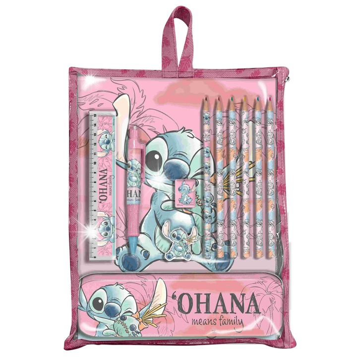 Комплект канцеларски материали Стич, 12 части, с основни аксесоари за писане