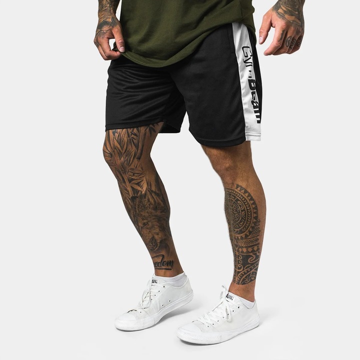 Pantaloni scurti barbati GymBeam Vertical, material respirabil, negru/alb, M INTL