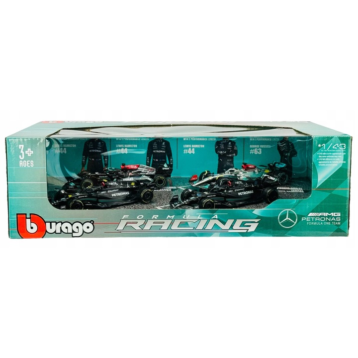 Set 4 Mașinuțe Metalice Bburago F1 Mercedes-AMG 1:43, detalii autentice, pentru colecție, 35x21x10, 5cm