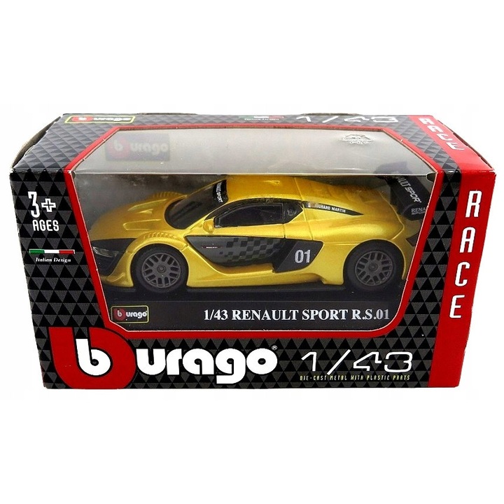 Masinuta Metalica Renault Sport R.S.01 BBurago, 1:43, anvelope din cauciuc, model de colectie