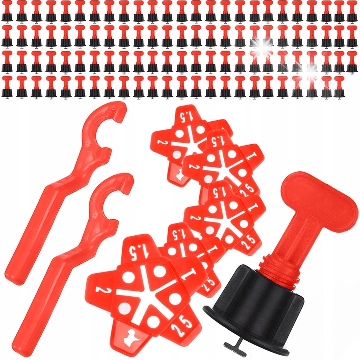 Sistem de nivelare a placilor, BIGSTREN, set 150 piese, 100 cleme, 50 cruce, 2 chei, reutilizabil, dimensiuni clema 7x4x4cm