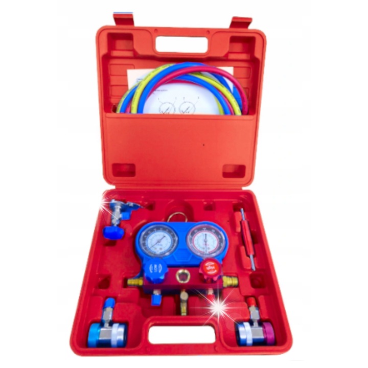 Тестер за климатик Kraft&Dele, манометри R22/R134/R12, 0-500 PSI, 0-350 PSI, пълен комплект