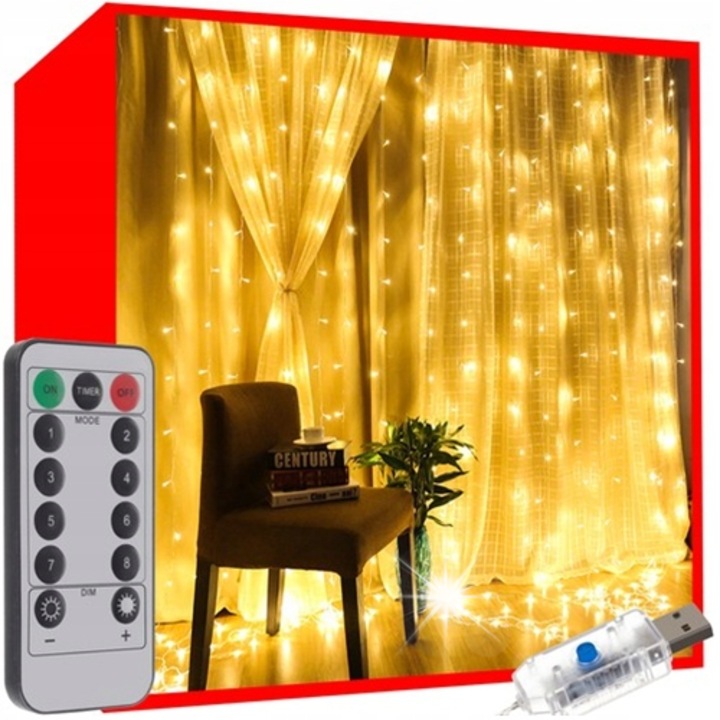 Светеща завеса 300 LED, Iso Trade, 8 режима на осветяване, топла светлина, 290x580см, с дистанционно управление