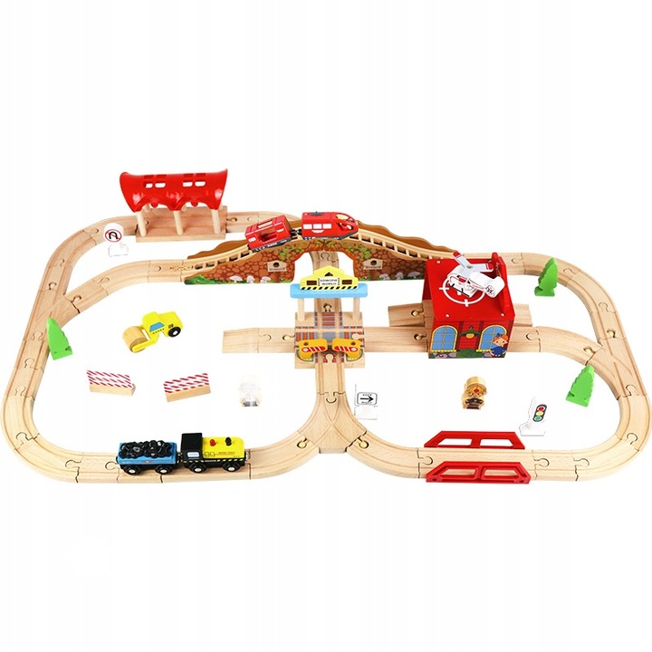 Set trenulete de jucarie, MINEXO, oras din lemn, 58 piese, sunete realiste, dimensiuni 58x58cm