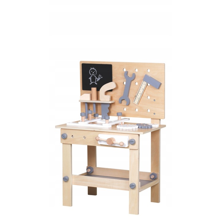 Banc de lucru pentru copii, MINEXO, din lemn, cu un set de unelte, 67x46x26cm, pentru 3 ani+