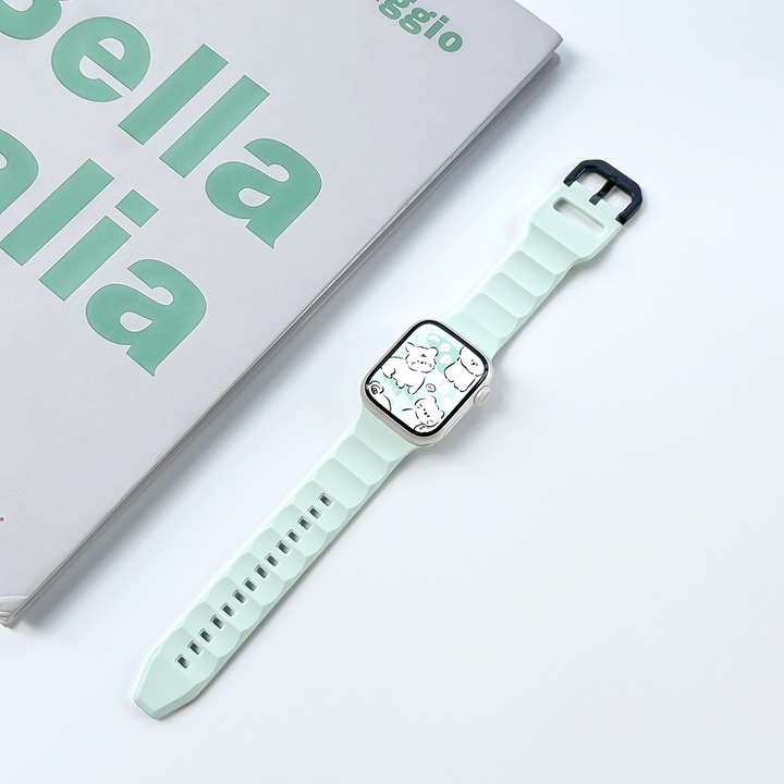 Curea ceas din silicon premium cu catarama ondulata, compatibila cu Apple Watch Seria 7/8/9, Verde menta, 45/49 mm