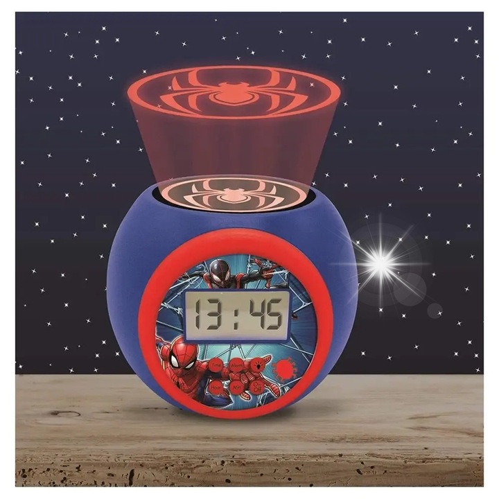 Ceas desteptator cu proiector Spiderman, Lexibook, digital, 3 culori, albastru-rosu