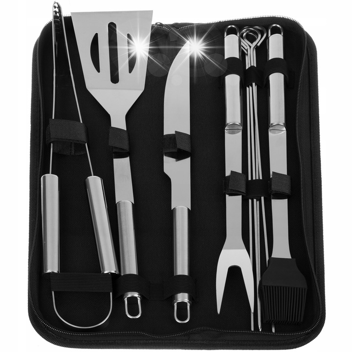 Set ustensile gratar 9 piese, Kaminer, din otel inoxidabil, cu etui, 38,5x12x5cm