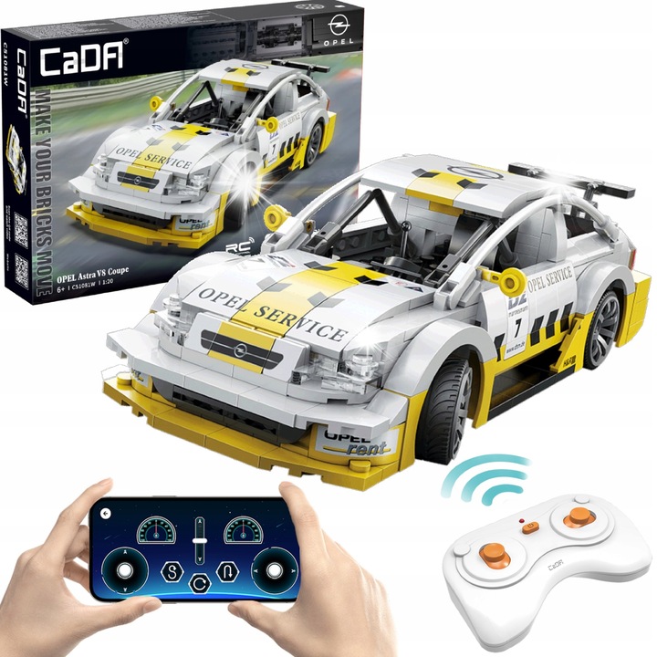 Set de constructie Opel Astra V8 Coupe, 330 elemente, control RC Dual Mode, alb-galben, 21,1x8,7x6,3cm