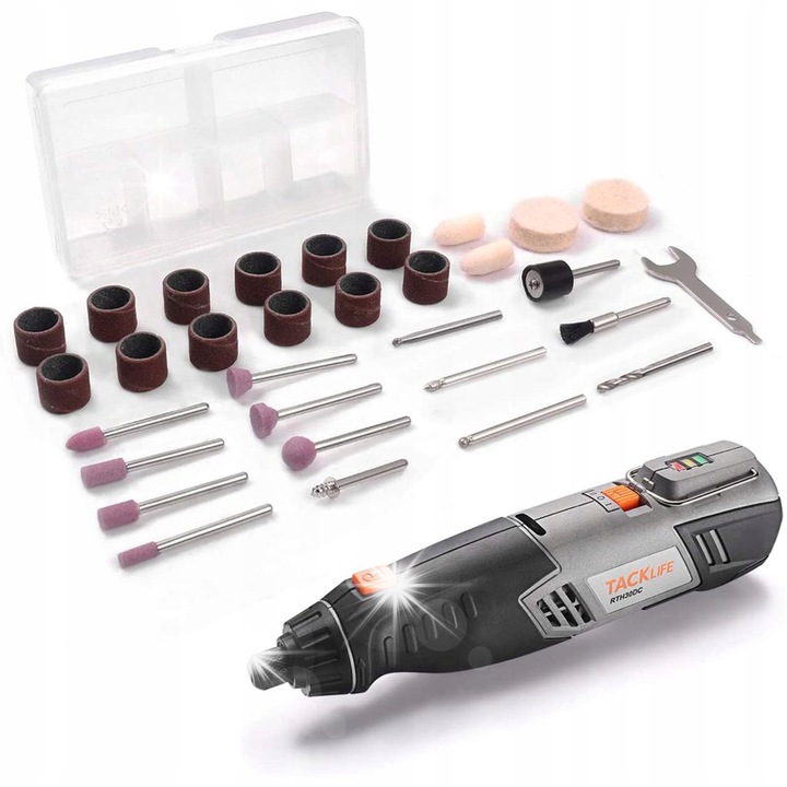 Акумулаторен мини шлайф Tacklife RTH30DC, 31 аксесоара, 11000-22000 об/мин, 193x52x40мм, 250гр