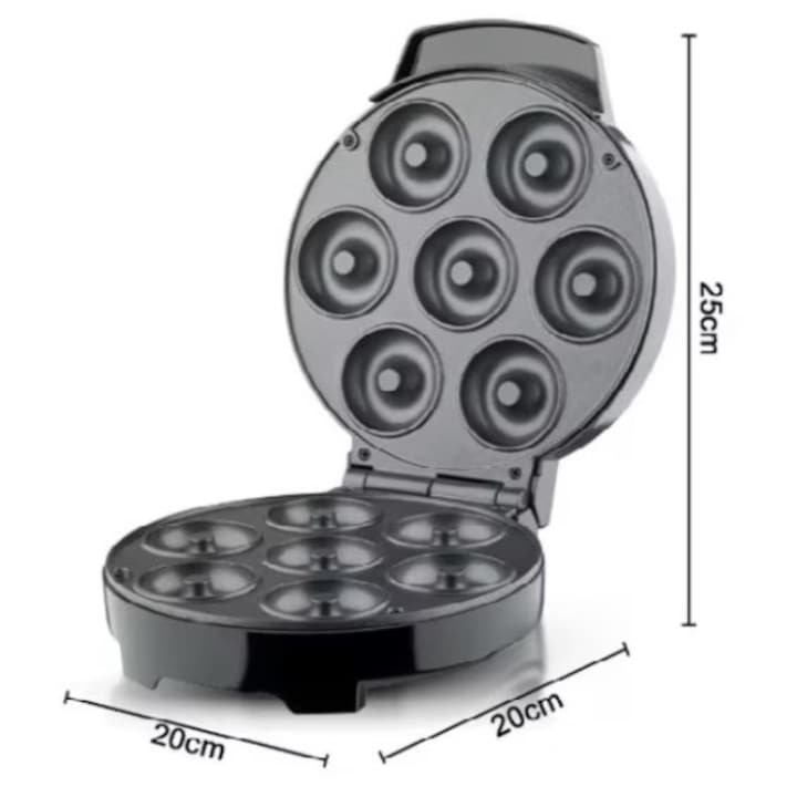 Електрически уред за мини понички, с незалепващи плочи, 7 понички, черен