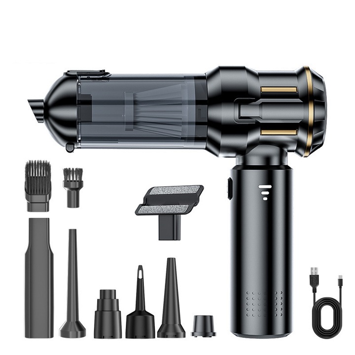 Aspirator auto 4 in 1, 100W, putere mare, motor fara perii, set accesorii, cablu de incarcare Type-C