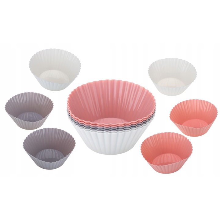 Set 6 forme silicon Galicja pentru briose, rezistente la 230C, culori crem, gri, roz