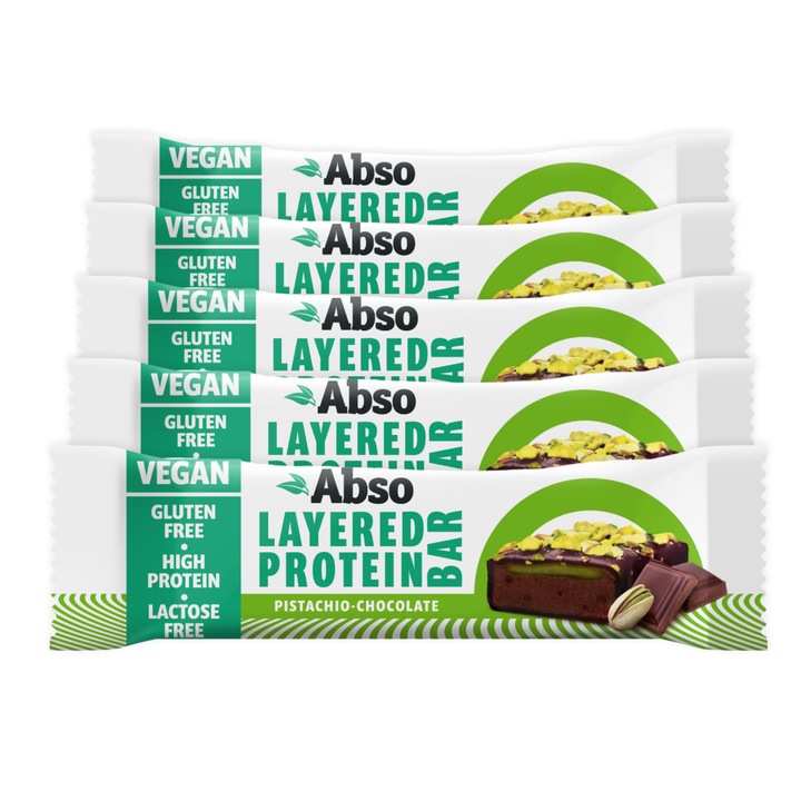 Abso Layered Protein Bar Kínáló (16db x 50 g) - Pisztáciás - csokoládés ízű vegán fehérjeszelet