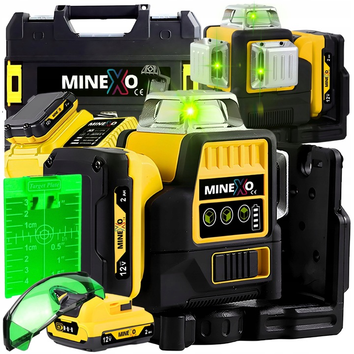 Nivela laser 4D LASER PRO GREEN, 16 linii, auto-nivelare, 360°, negru+galben, set cu 2 acumulatori, suport, valiza, ochelari