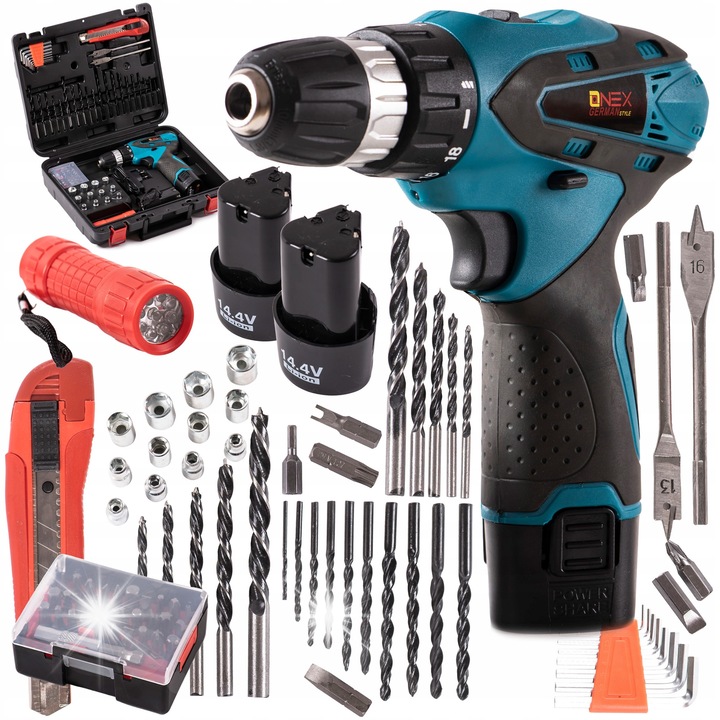 Aparat de gaurit si insurubat Onex, 14,4V, 2 acumulatori, 30 biti, valiza