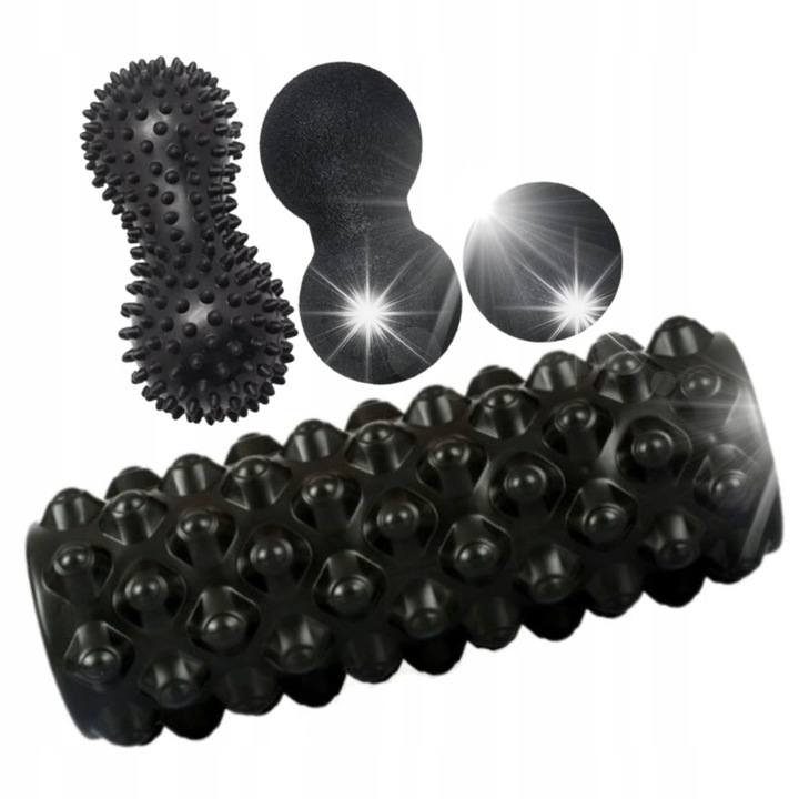 Set de exercitii, MINEXO, roller cu puncte de presiune + 2 mingi de masaj, negru, 4 piese