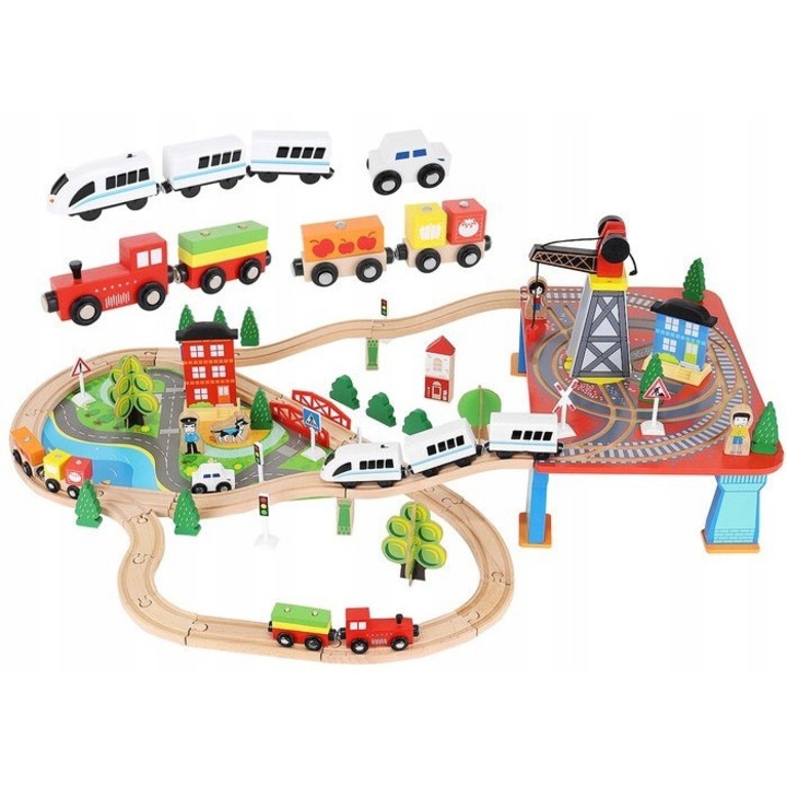 Fajáték vonat, 88 elemes, vonatokkal, autóval, fákkal, táblákkal, 3 figurával, 3,3m vasúti pálya, többszínű