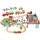 Fajáték vonat, 88 elemes, vonatokkal, autóval, fákkal, táblákkal, 3 figurával, 3,3m vasúti pálya, többszínű