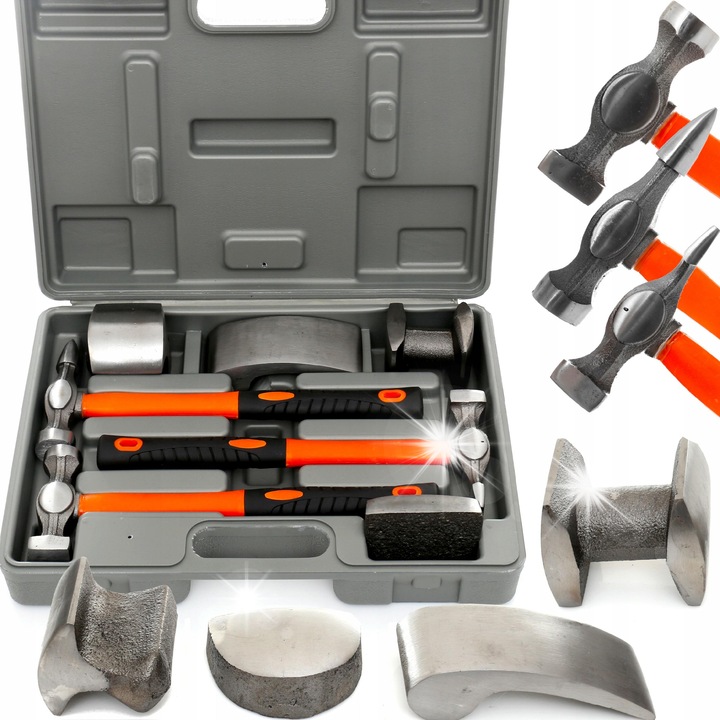 Set unelte pentru lucrari de caroserie, Kraft&Dele, 4 ciocane, 4 nicovale, culoare galbena, dimensiune maner 25cm