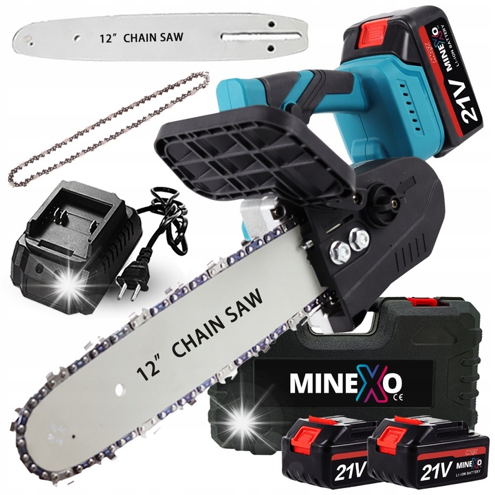 MINEXO elektromos láncfűrész, 1800W, 12", 2 akkumulátor, könnyű súly, gyors vágás
