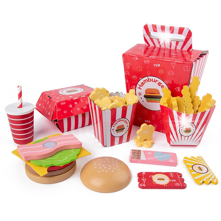 Set de joaca din lemn hamburger fastfood cu cartofi prajiti, MINEXO, 21x13x10,5 cm, interactiv