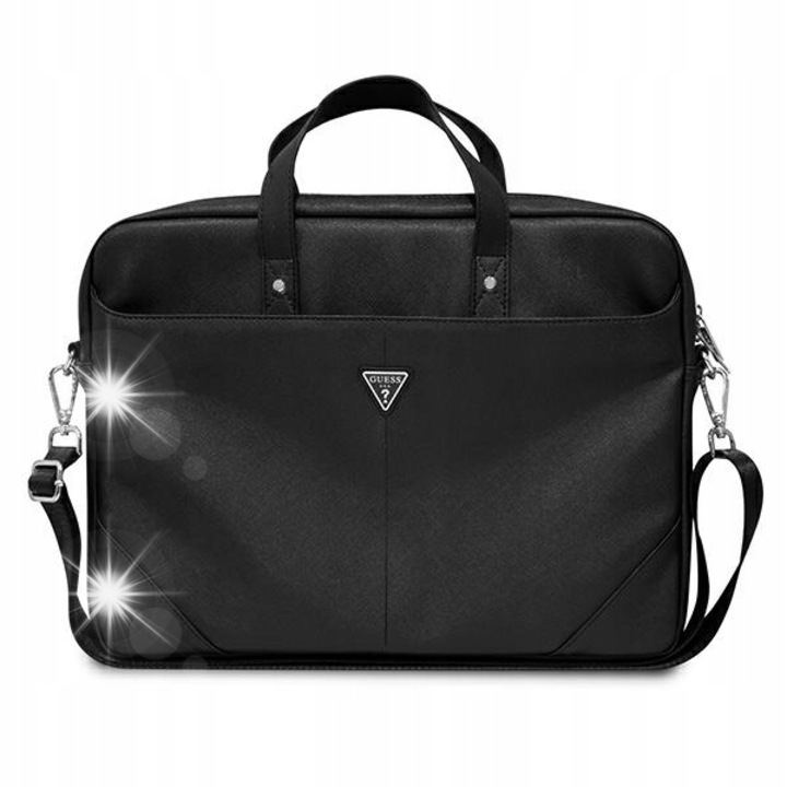 Geanta laptop Guess Saffiano Triangle Logo, 15/16 inch, ecologica, neagra, dimensiuni 410x310x45mm