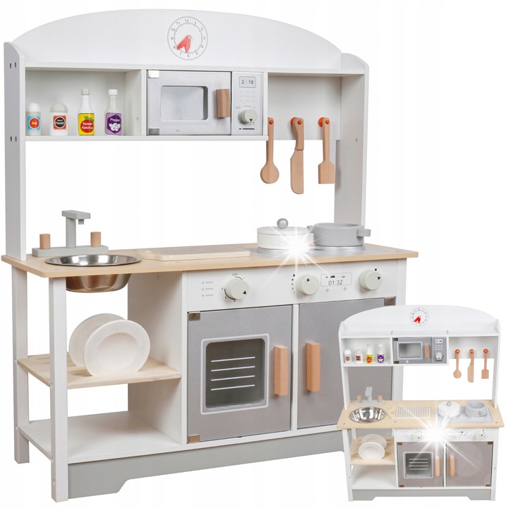 Bucatarie din lemn pentru copii, MINEXO, moderna, cu accesorii, 68x25,5x82cm, multicolor