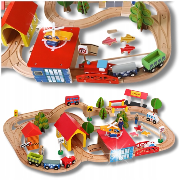 Set trenulete de jucarie din lemn, MINEXO, 69 elemente, multicolor, cu tren si vagoane