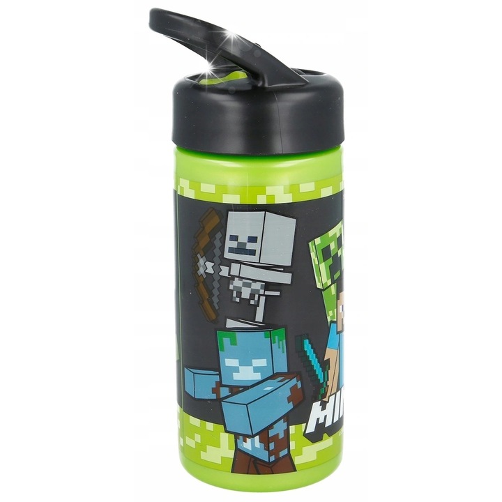 Бутилка за вода Minecraft със сламка и дръжка, 410мл, 13x12x5см, многоцветна