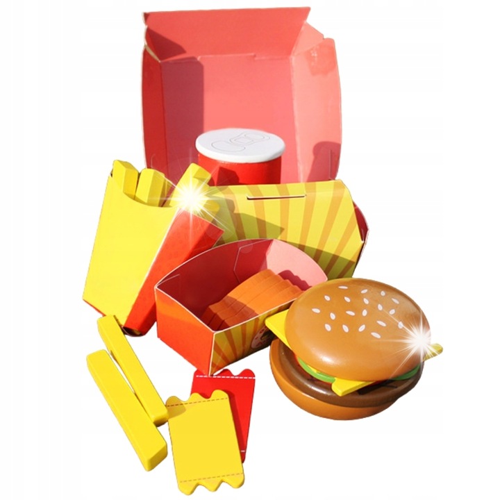 Set de joaca din lemn, hamburger cu cartofi prajiti, MINEXO, 26 elemente, multicolor