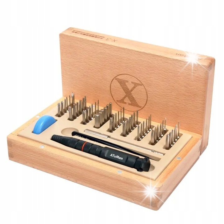 Csavarhúzó és bit készlet, 58w1 ATuMan X-3, 54 fej, fa doboz, 195x122x58mm