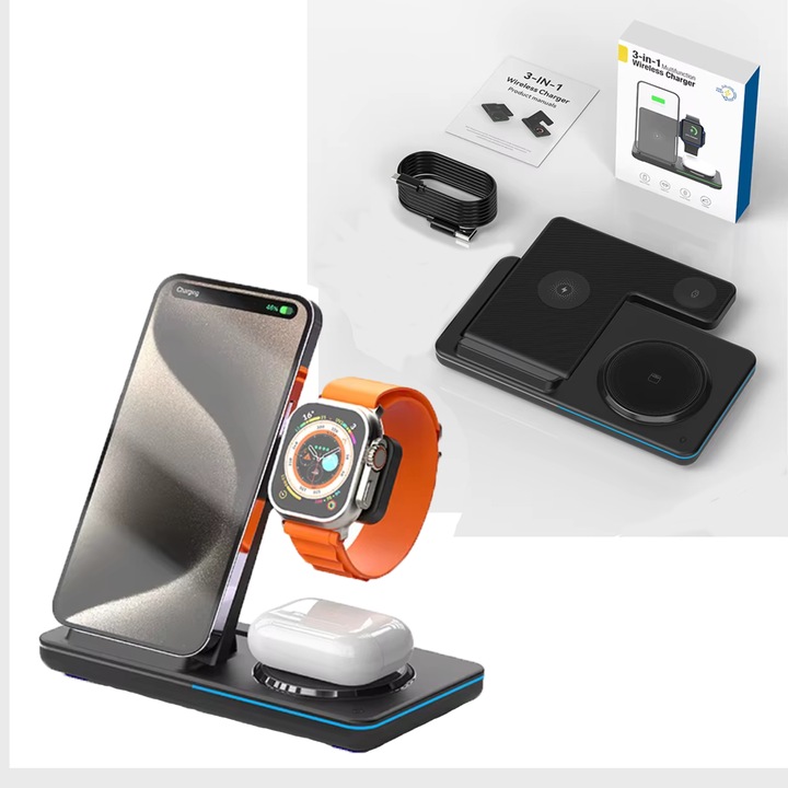 Incarcator Wireless 3 in 1, Z29, Incarcare Simultana 3 Dispozitive, Incarcator Telefon Portabil, Tehnologie MagSafe, Protectie Supraincalzire, Incarcare Rapida 15W pentru Telefon, Smartwatch si Casti Fara Fir, USB-C Inclus, LED, Pliabil si Portabil