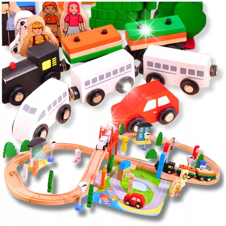 Set trenulete de jucarie, MINEXO, oras din lemn, 92 elemente, pociag cu vagoane, multicolor