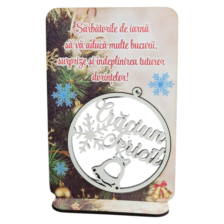 Placheta din lemn printata de Craciun cu glob atasat 10x15 cm