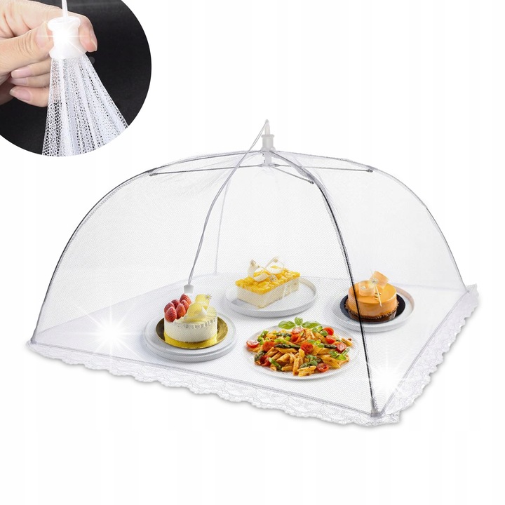 Husa pentru alimente Heckermann, 48x48cm, alb cu finisaj dantelat, structura pliabila tip parasol