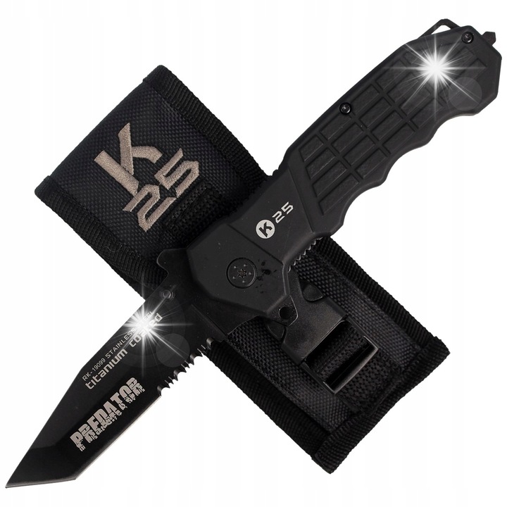 Cutit de salvare pliabil RUI Predator K25, lama Tanto 95mm, inox 440, negru, cu husa din nylon